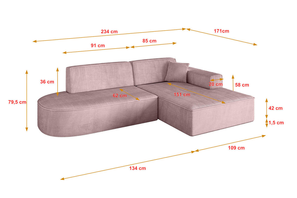 ECKSOFA Ottomane Rechts IREA-L1-v4 - 234x171x79 cm Rosa - Rosa, Holzwerkstoff/Textil (171/234cm) - ALTDECOR