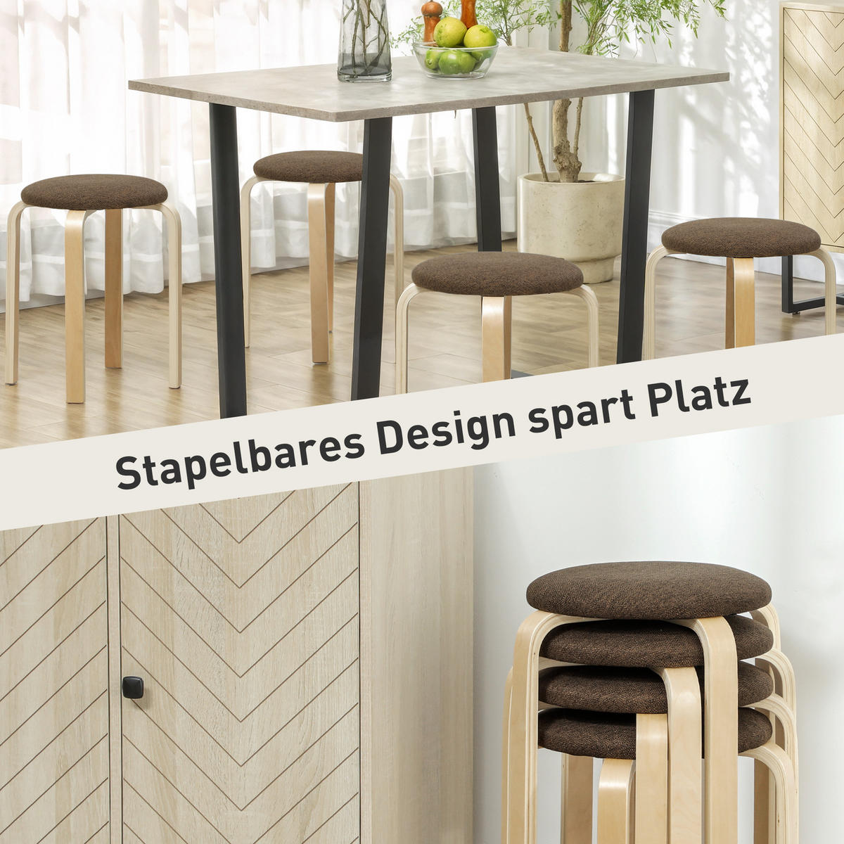 POLSTERHOCKER DE-06921 4er-Set stapelbar mit lackierter Oberfläche Braun - Braun, Holz (40/45/40cm) - ComfortXL