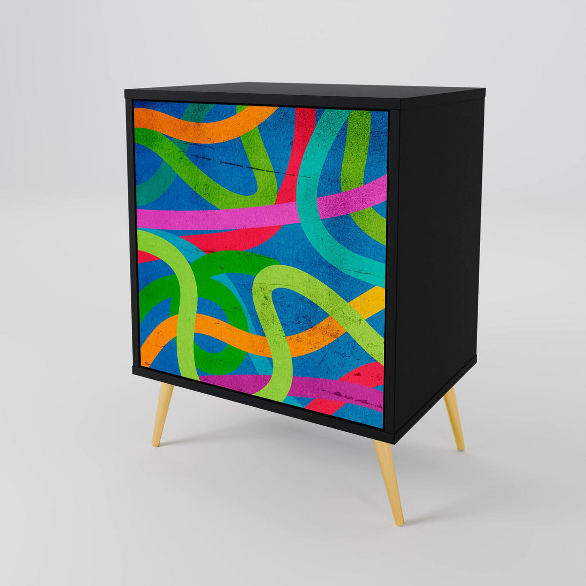 SIDEBOARD STREAMER TANGLE, Schwarz, 57,5x42x67,5 cm, Schwarze Metall-Rahmenfüße - Multicolor/Schwarz, Holzwerkstoff/Metall (57.5/67.5/42cm) - SpaceRebels