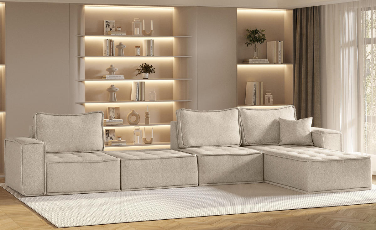 BOHOO modulare Ecke XL Champagner Rechts - Champagner, Holz (382/192cm) - Kaiser Möbel