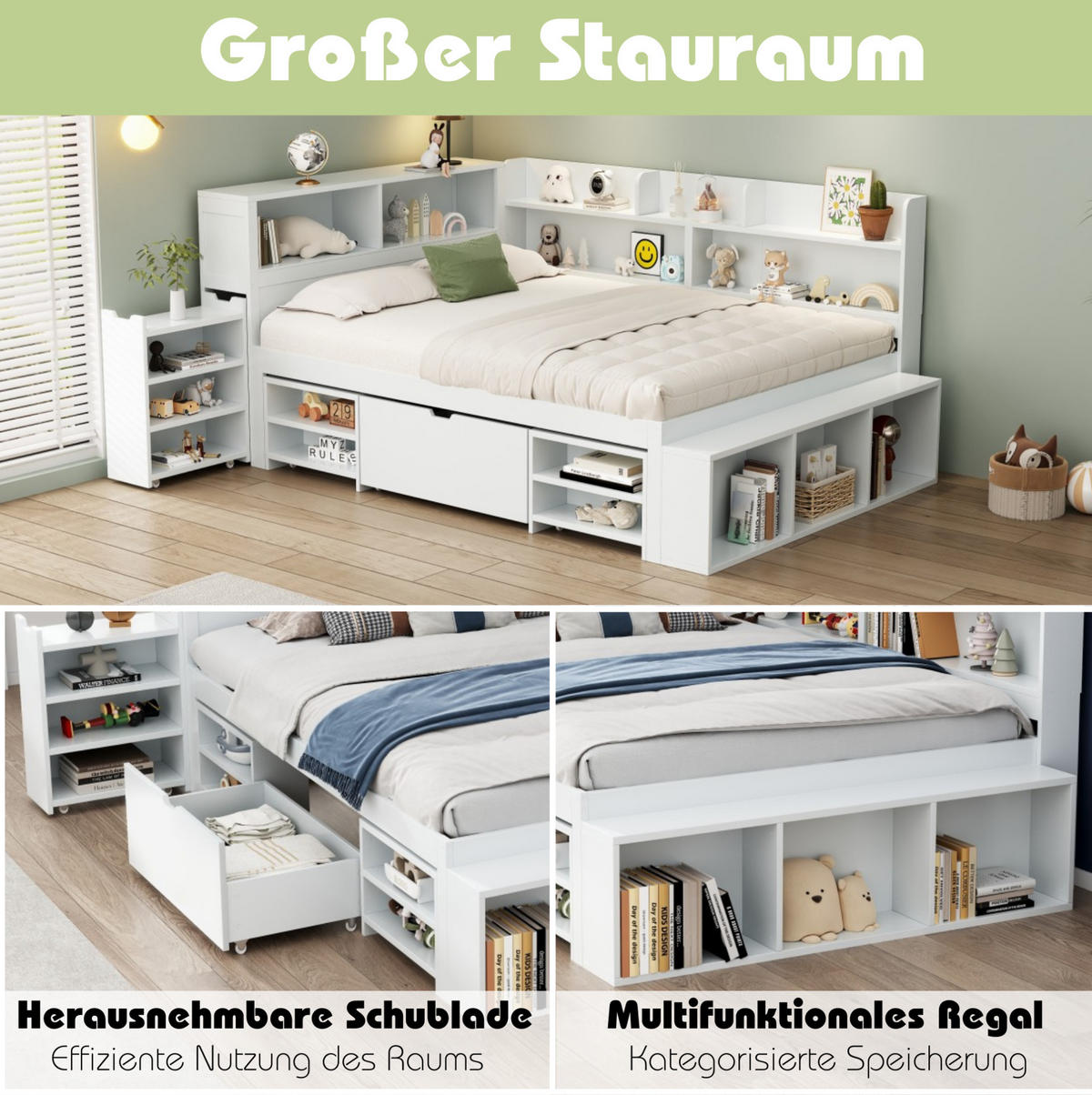 KINDERBETT aus Sperrholz 140x190 cm Weiß mit Schubladen, Regalfächern und Lattenrost - Weiß, Holzwerkstoff (140/190cm) - Modfu