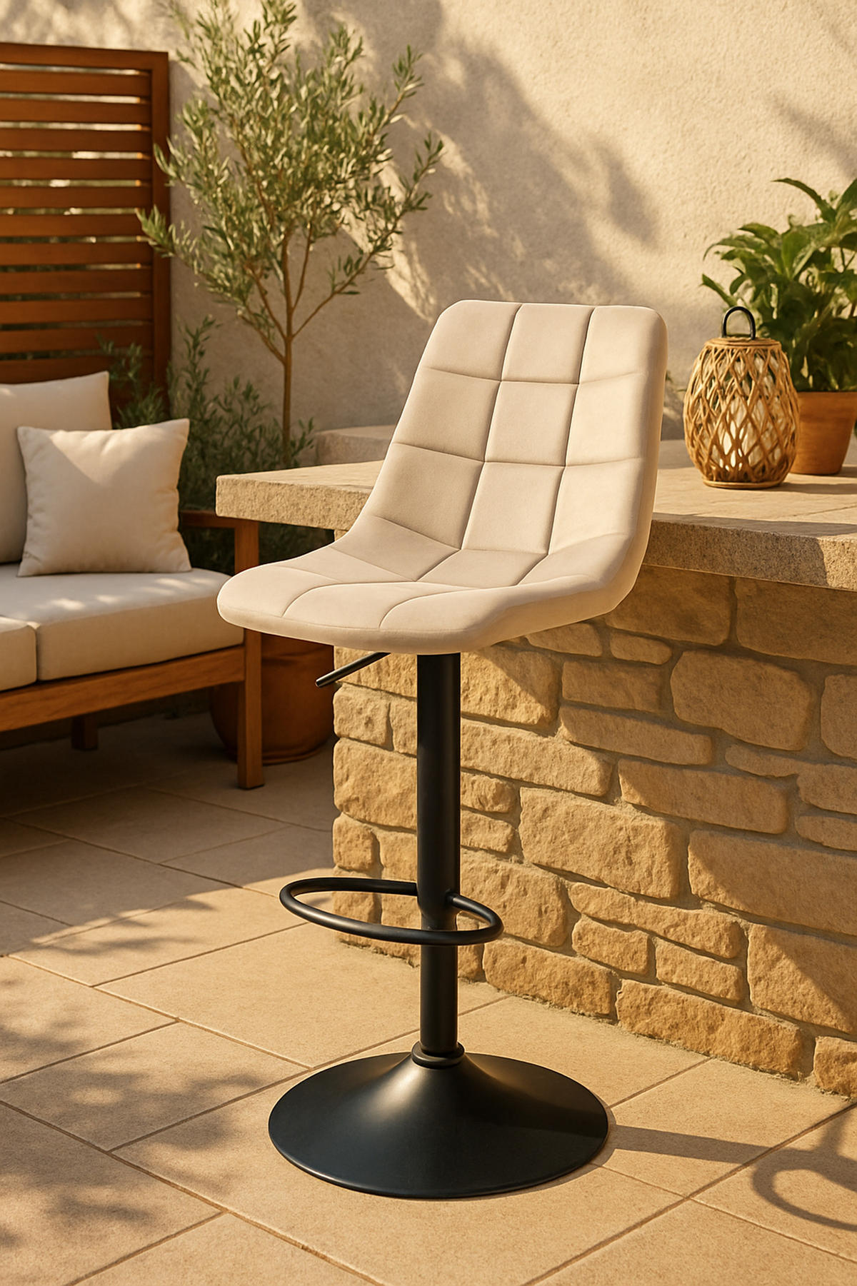 BARHOCKER James Samt schwarz creme - Creme/Schwarz, Textil/Metall (43/108.5/46.5cm) - TPFLiving