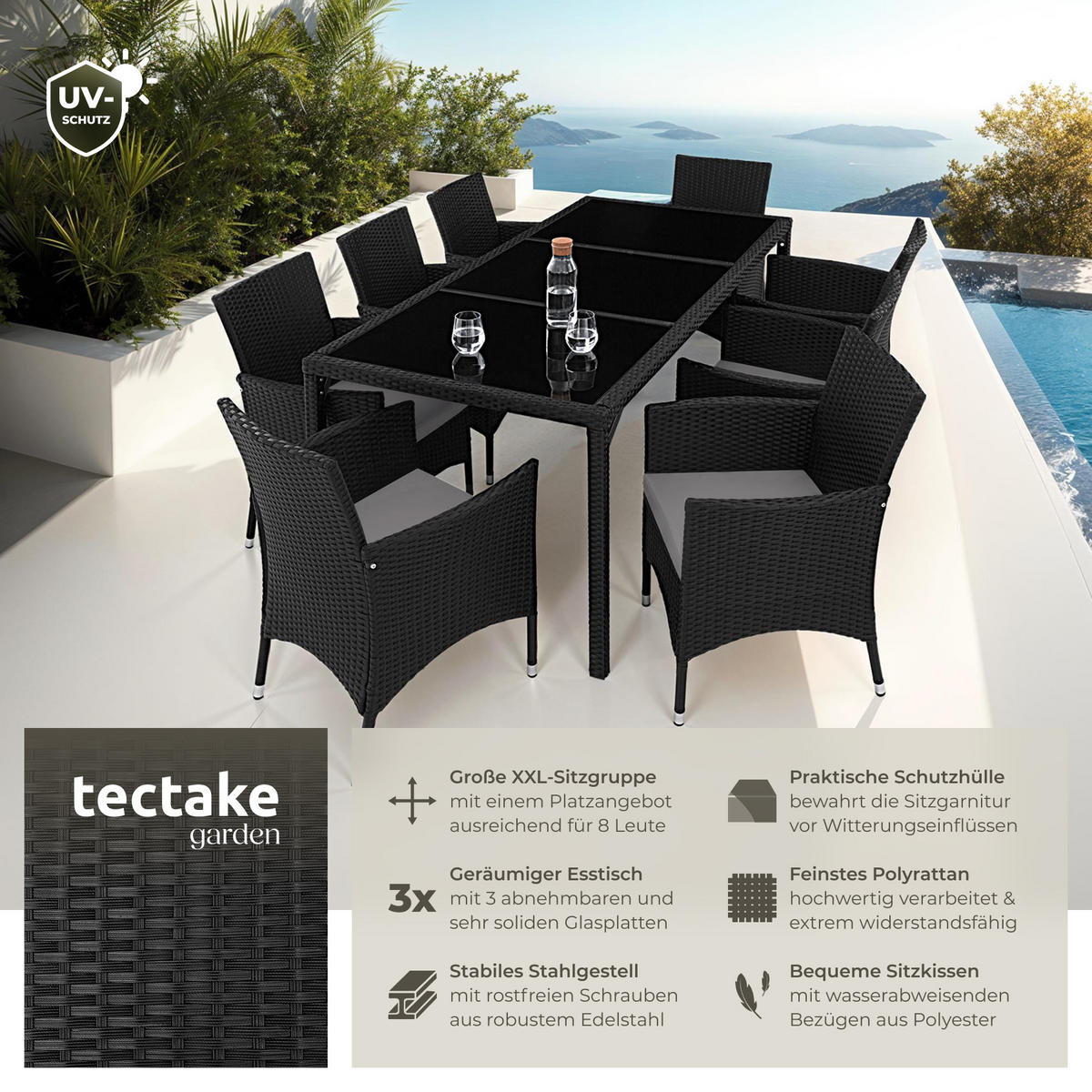 RATTAN SITZGRUPPE Almansa,inklusive Schutzhülle,schwarz/grau - Schwarz/Grau, Kunststoff - tectake