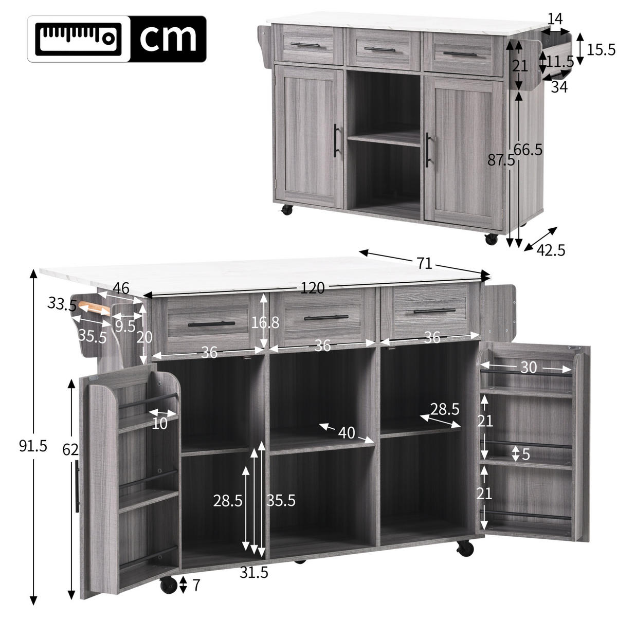 SERVIERWAGEN mit klappbarer Tischplatte 139 x 46(71) x 91,5 cm Grau MDF - Grau, Holz (46/91.5/139cm) - Beauniv