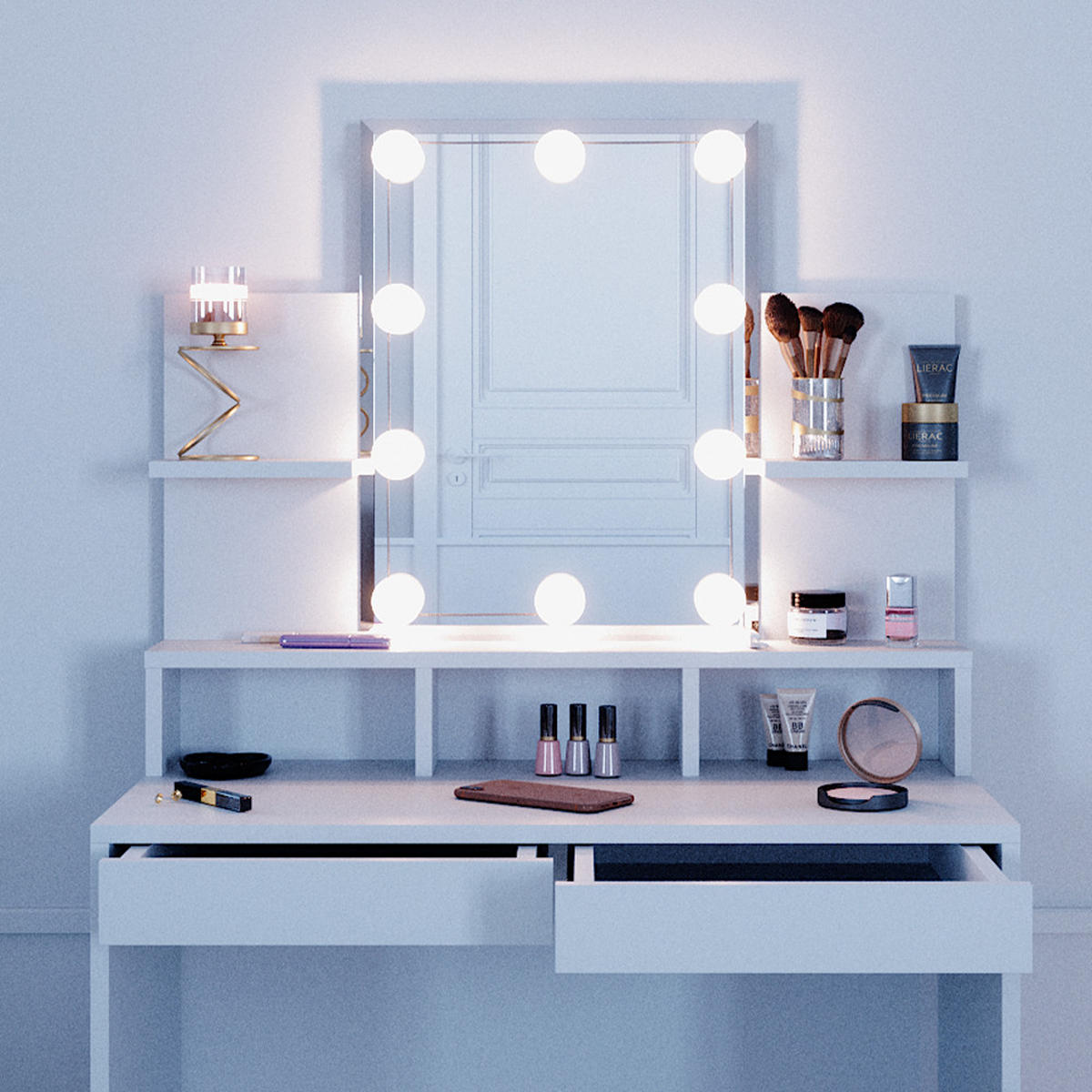 SCHMINKTISCH Ania Weiß 80 cm mit LED Beleuchtung - Weiß, Holzwerkstoff (80/139.6/40cm) - Vicco