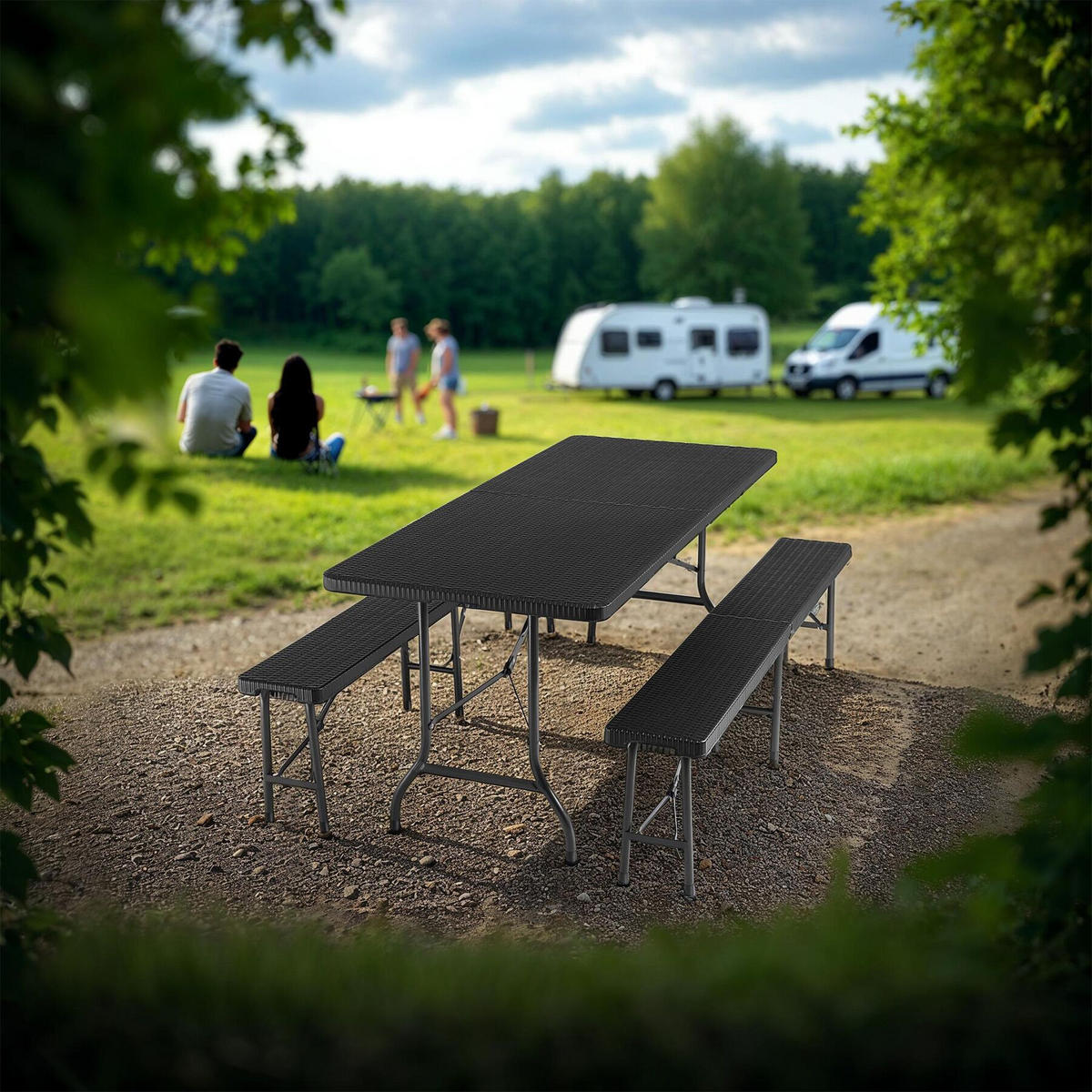 CAMPINGTISCHGARNITUR Vani,mit Tragegriffen,schwarz-Rattanoptik - Schwarz, Kunststoff (180/74/72cm) - tectake