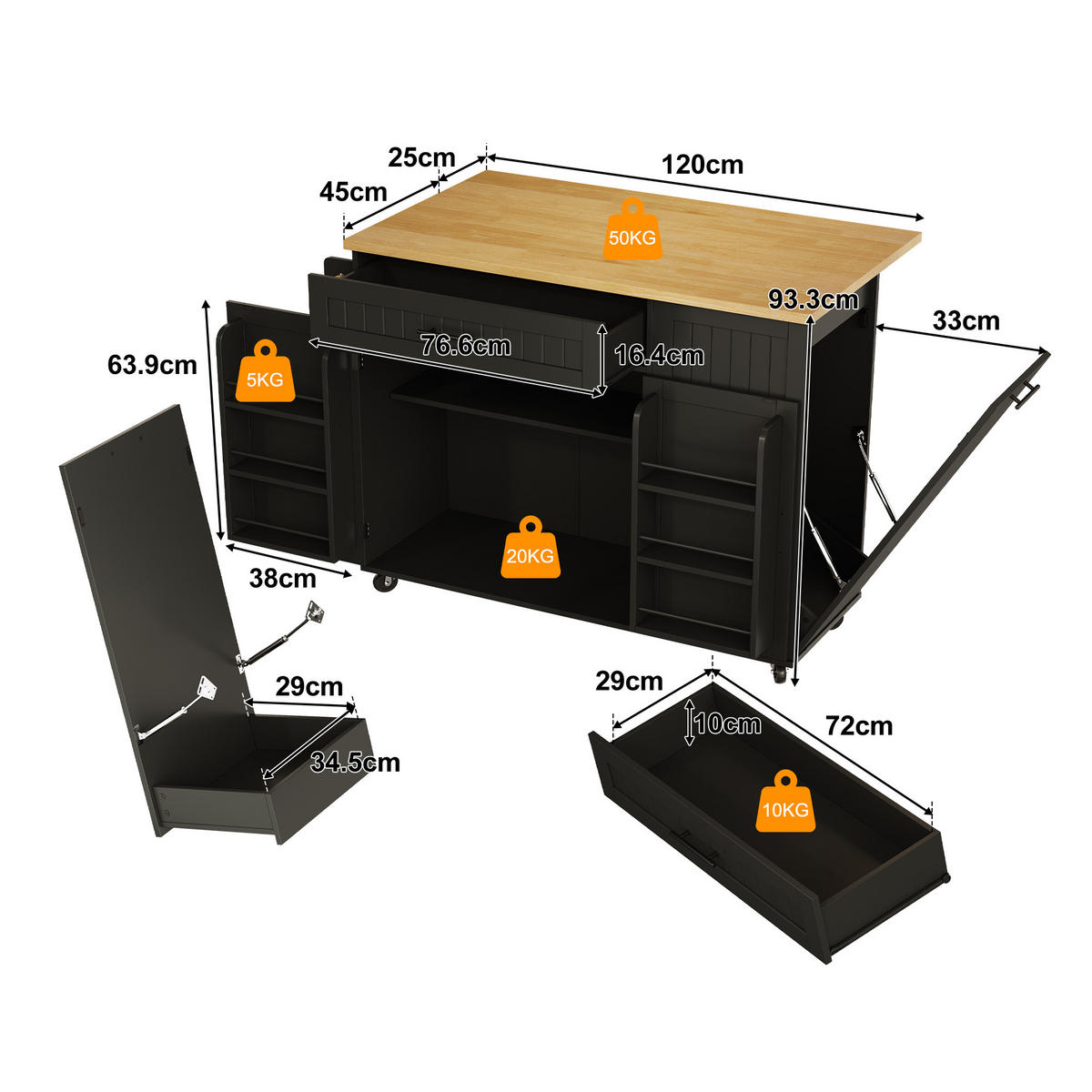 KÜCHENINSEL 130 cm MDF Schwarz mit Klappbarer Arbeitsplatte und Müllfach - Schwarz, Holzwerkstoff (70/93/130cm) - Korfee