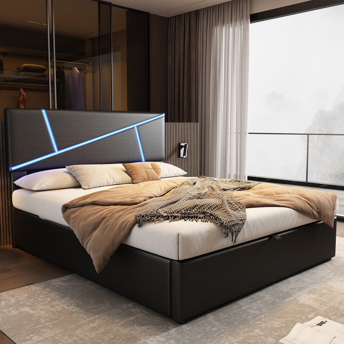 BETT mit LED und Stauraum PU Schwarz - Schwarz, Metall (140/200cm) - Meubliv