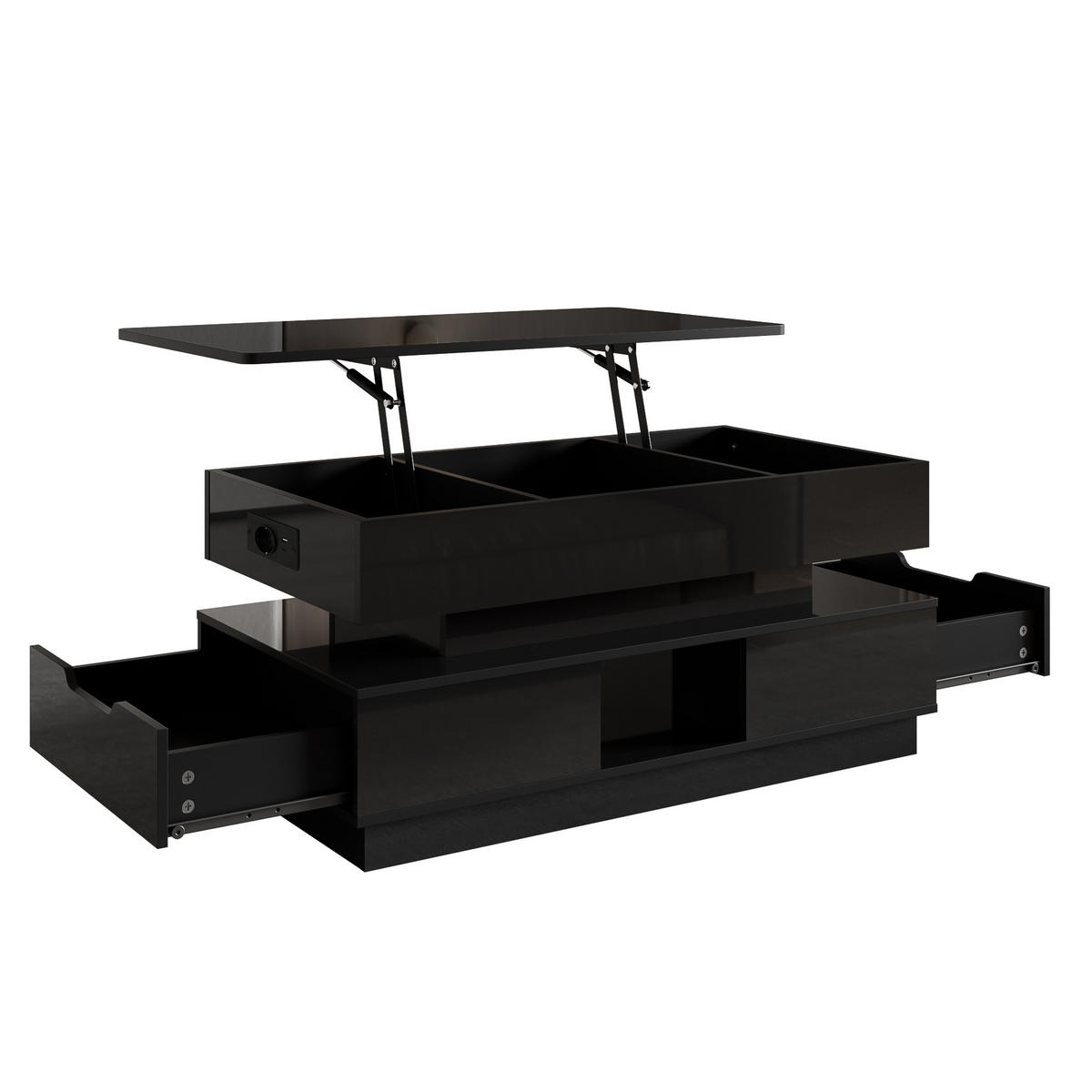 COUCHTISCH Höhenverstellbar Hochglanz mit LED, Lift-Funktion und Stauraum - Schwarz, Holzwerkstoff (90/48/42.5cm) - Korfee