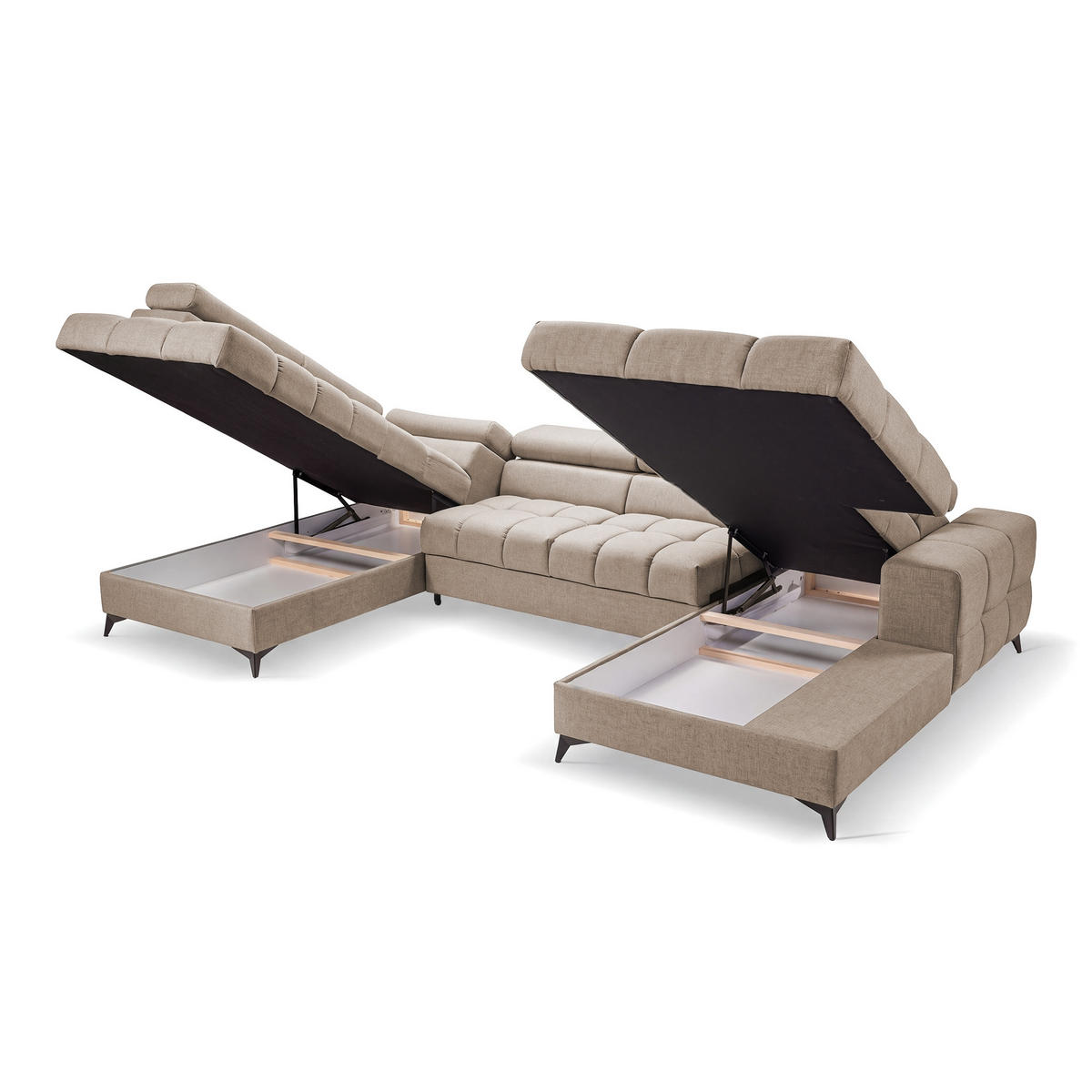 ECKSOFA PUDDING U Rechts mit Schlaffunktion 125x260 Velours Beige - Beige/Schwarz, Holz/Textil (350/203cm) - Muffo