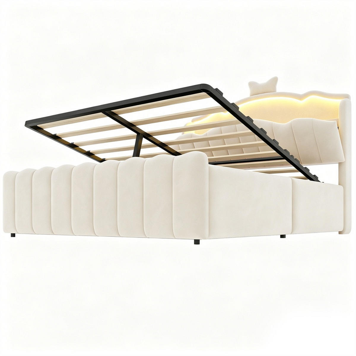 POLSTERBETT 140x200 cm mit hydraulischem Stauraum und LED Beleuchtung - 3USB - Anschlüsseund Typ-C - Beige - Beige, Textil (140/200cm) - DELFA