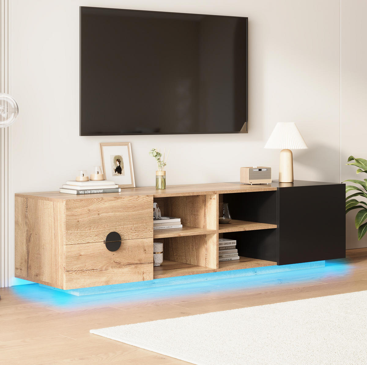 TV-SCHRANK 180/38,5/47 cm schwarz aus Holzwerkstoff mit LED - Schwarz, Holzwerkstoff (180/47/38.5cm) - OKWISH