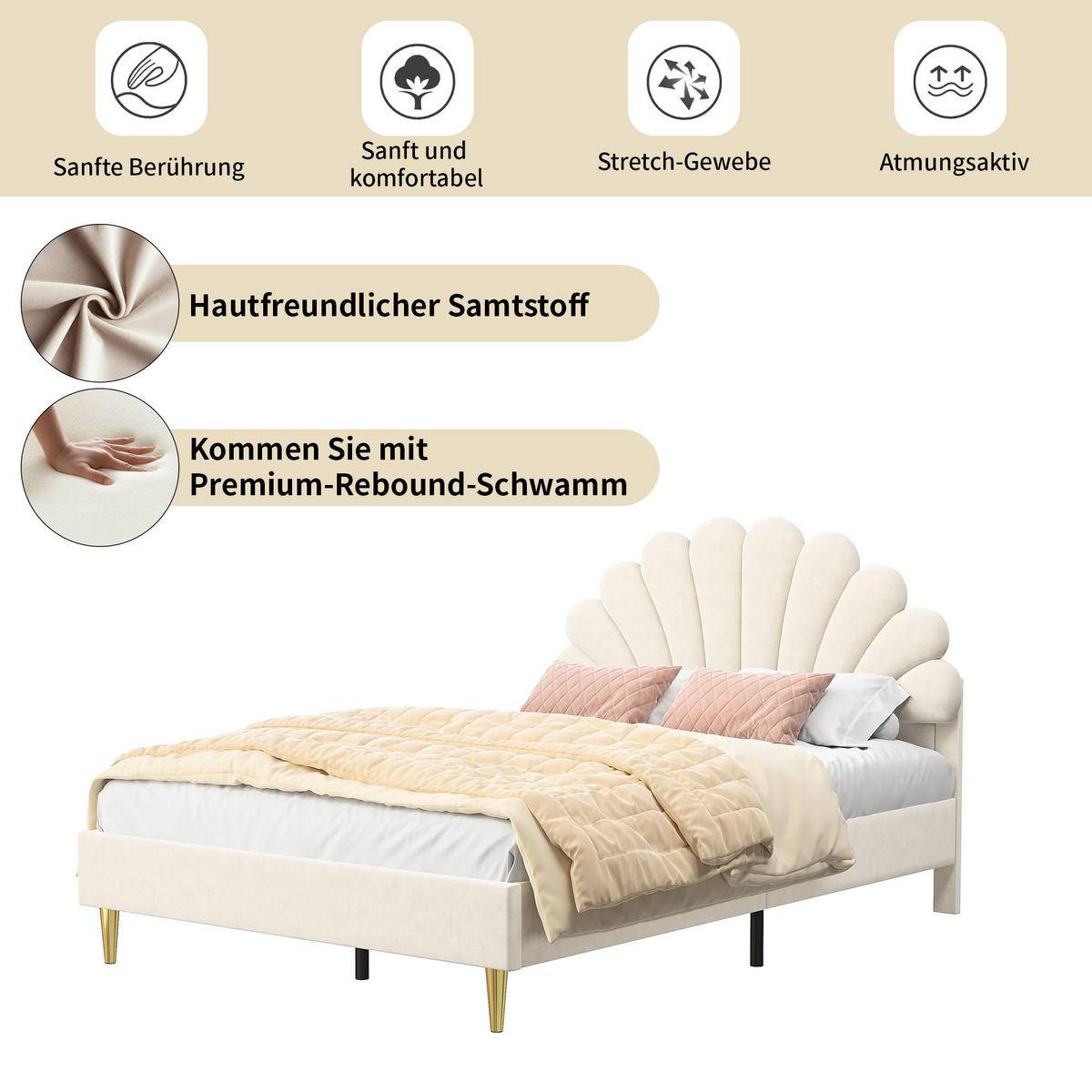 POLSTERBETT 140x200 cm, doppelbett, mit blütenblattförmigem Kopfteil, aus weichem Samt in beige - Beige, Holz/Textil (140/200cm) - BRILVERDE