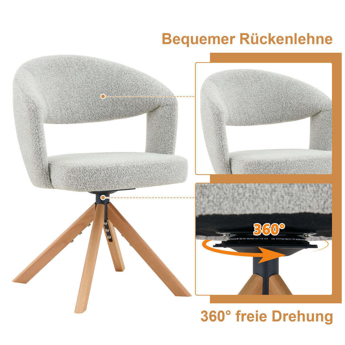 DREHSTUHL 2er-Set 360° drehbar Stoff Hellgrau Massivholz - Hellgrau, Holz (47.5/81.5/47cm) - Meubliv