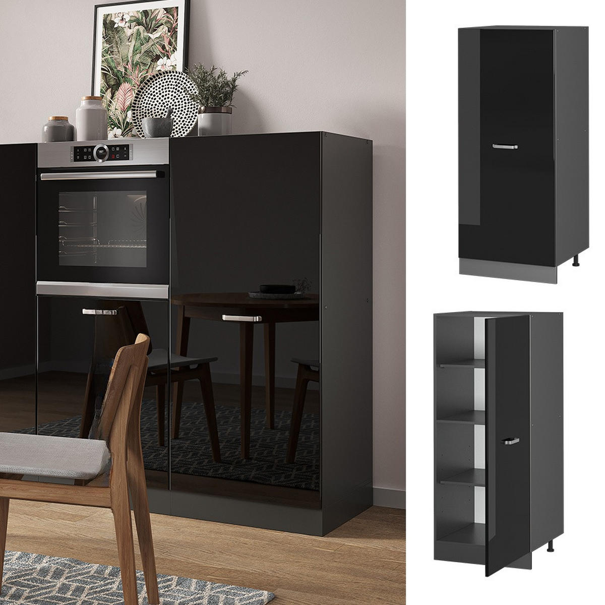 VORRATSSCHRANK R-Line Schwarz Hochglanz 60 cm - Schwarz Hochglanz/Anthrazit, Holzwerkstoff (60/143/57cm) - Vicco