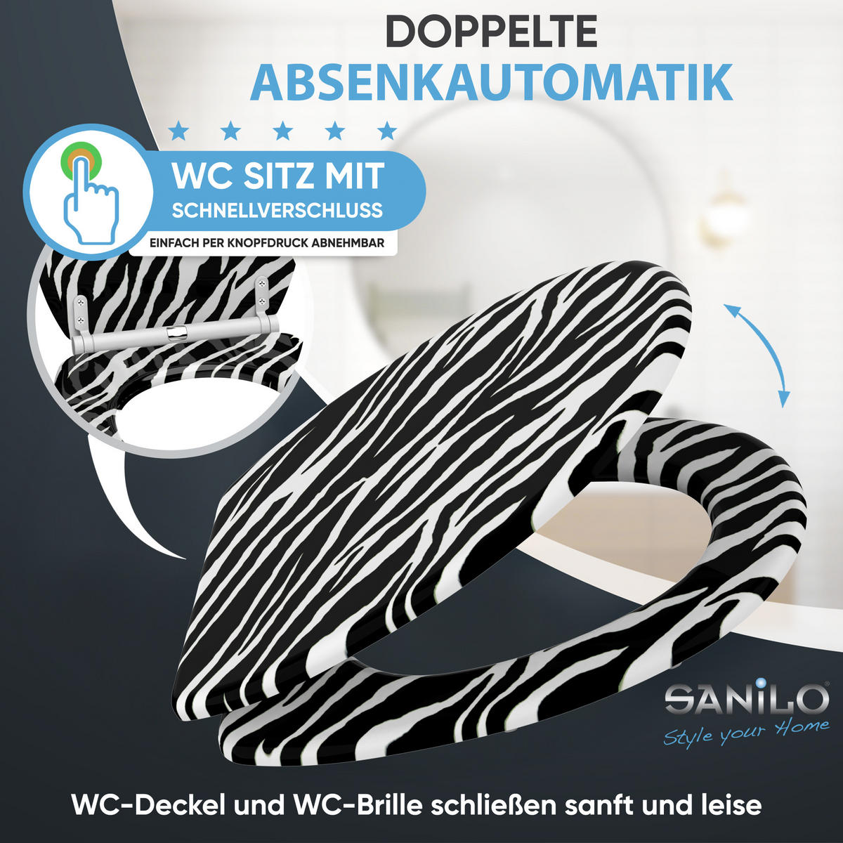 WC-SITZ mit Absenkautomatik & Top Fix Zebra Look - Schwarz, Holzwerkstoff (37.7/5.5/48cm) - Sanilo