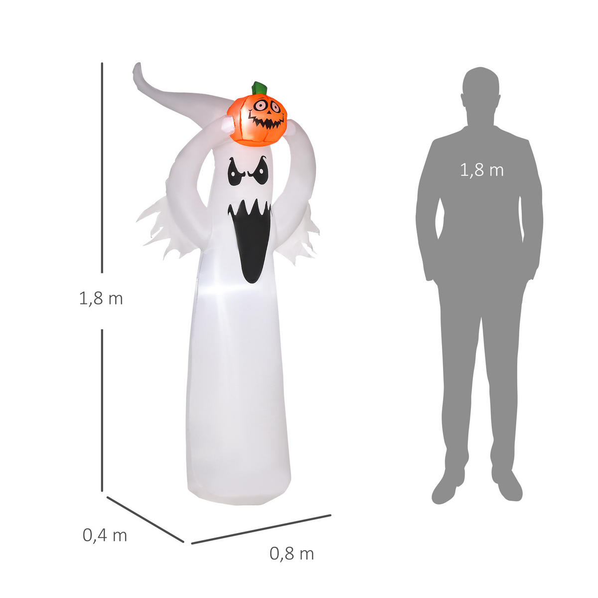 HALLOWEEN AUFBLASBARER GEIST , Weiß + Orange, Polyester - Weiß, Kunststoff (40/180/80cm) - HOMCOM