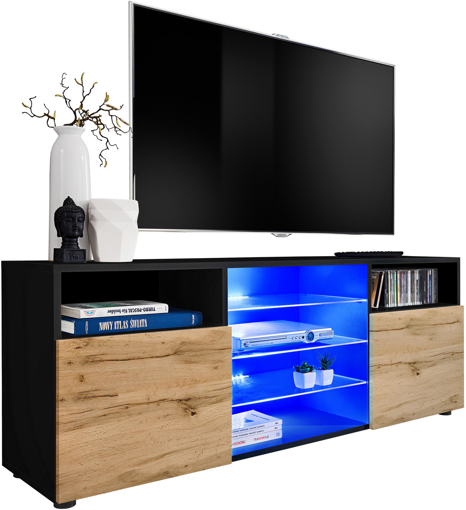 SIDEBOARD TV URBINO Black, Blau LED Beleuchtung - Eiche Wotan/Schwarz, Glas/Holzwerkstoff (140/53/35cm) - Komodee