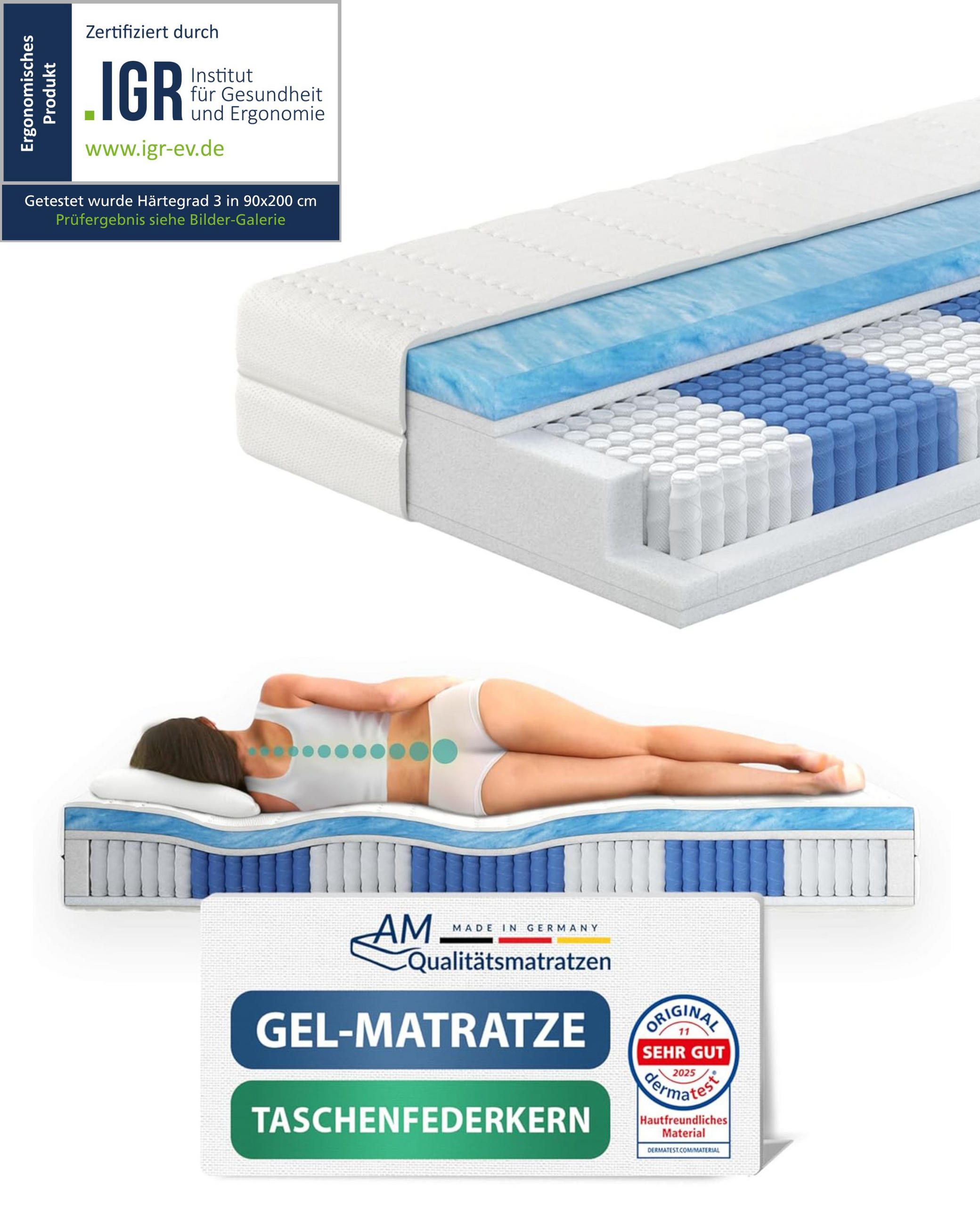 AM Qualitätsmatratzen GELOVÁ matrace s taštičkovými pružinami, 1000 pružin, 160/200 cm, H3 - výška 24 cm a potah Tencel