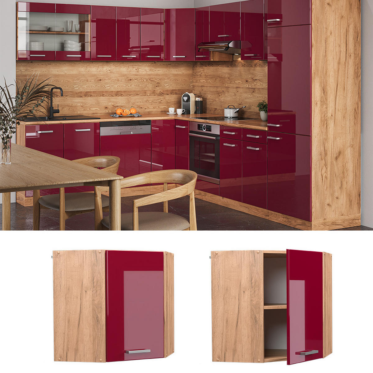 ECKHÄNGESCHRANK R-Line Rot Hochglanz 57 cm - Honigeiche/Eiche Wotan, Holzwerkstoff (57/60/34.1cm) - Vicco