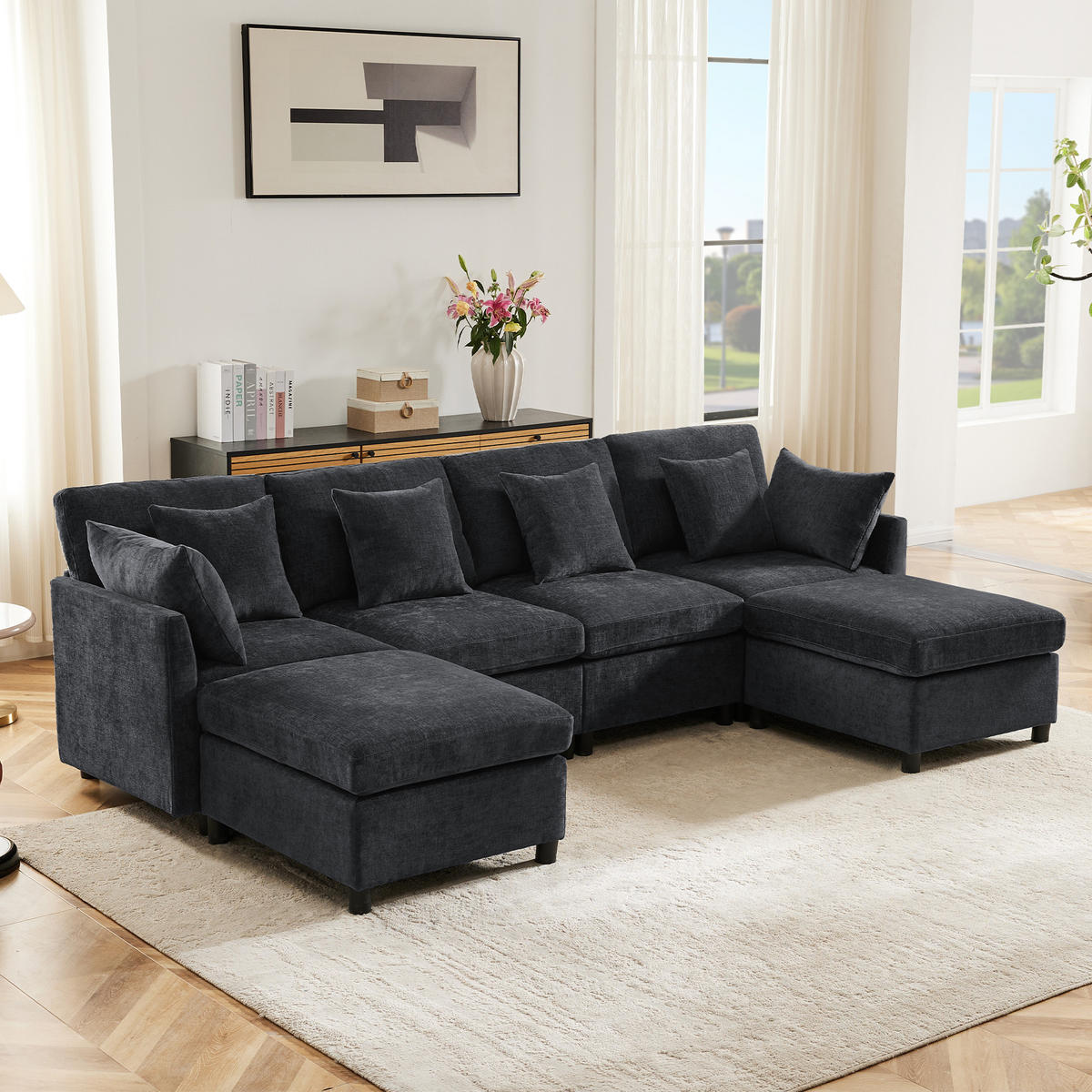 WOHNLANDSCHAFT Chenille Grau mit 2 Hocker und 6 Kissen - Grau, Holzwerkstoff/Kunststoff (278/81/161cm) - WISHDOR