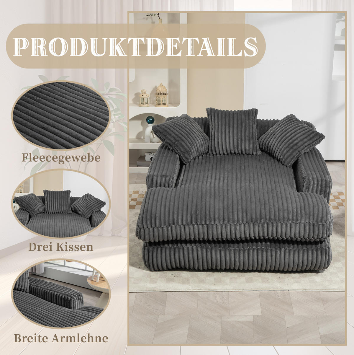 BIGSOFA Chaiselongue Cord mit 3 Kissen 125/155/63 cm Dunkelgrau - Dunkelgrau, Textil (63/125/155cm) - Redom