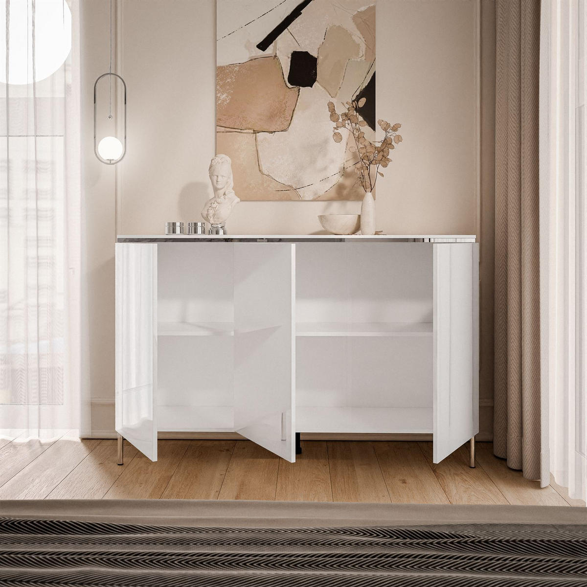 KOMMODE AURORA SILVER 3D – mit geraden verchromten Beinen - Weiß Hochglanz, Holzwerkstoff (140/94.5/40cm) - Lookway