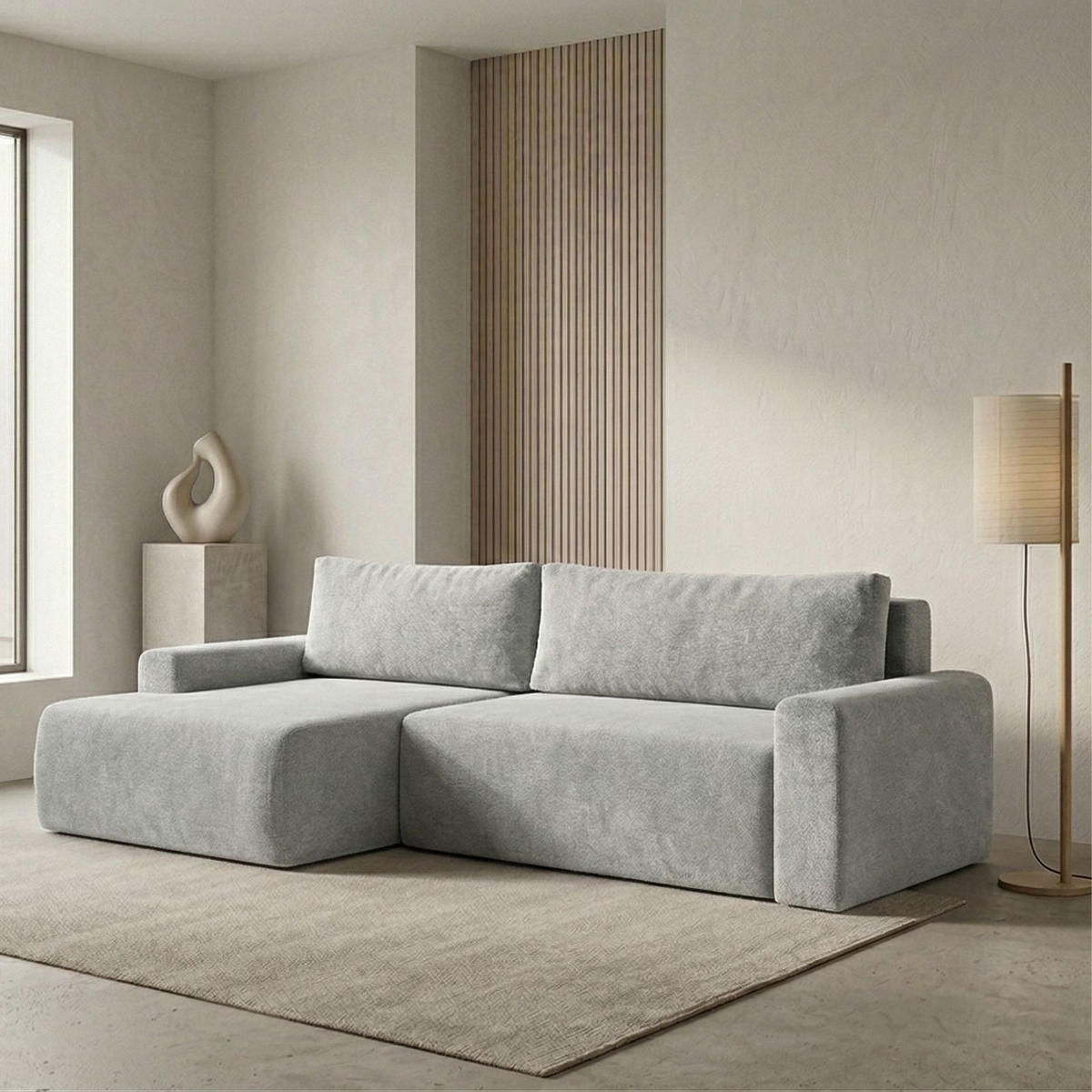 ECKSOFA MILO LARGE mit Schlaffunktion, Bettkasten und Cordbezug, Links - VIBE 86 - Grau, Holz (270/142cm) - Dekori_Interiors