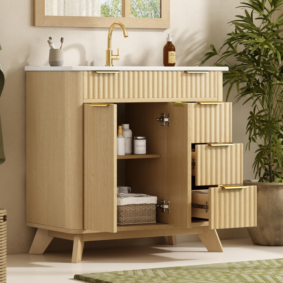 BADEZIMMERSCHRANK Wellenoptik Holzton 3 Schubladen 81cm - Naturfarben, Keramik (81/90/47cm) - FLIEKS
