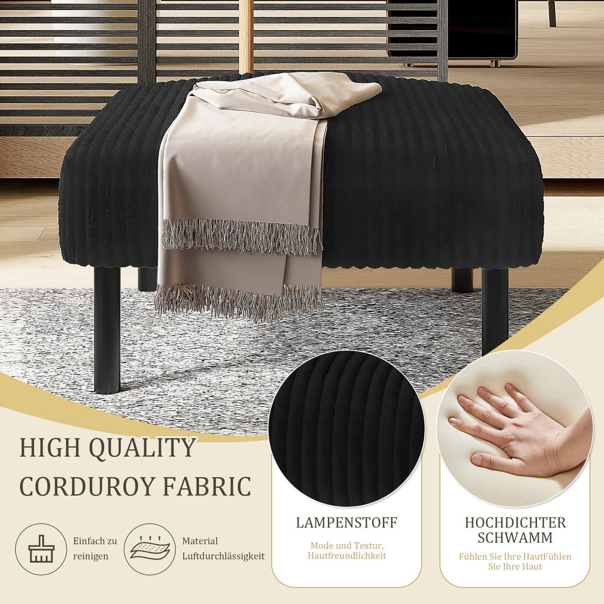 HOCKER Fußhocker Cord,Schwarz - Schwarz, Textil (56/39/51cm) - LVHOM