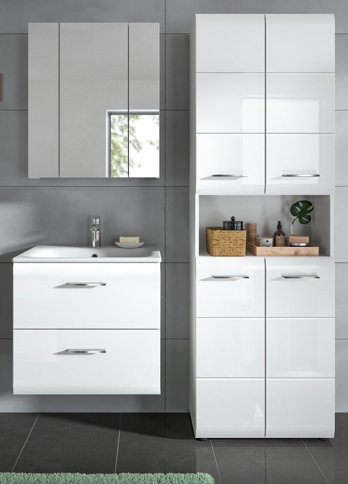 BADMÖBEL SET 3-teilig in weiß Hochglanz Badkombination 135 x 185 cm Cover - Weiß Hochglanz/Schwarz, Holzwerkstoff/Kunststoff (135/185/46cm) - Inn.Furn