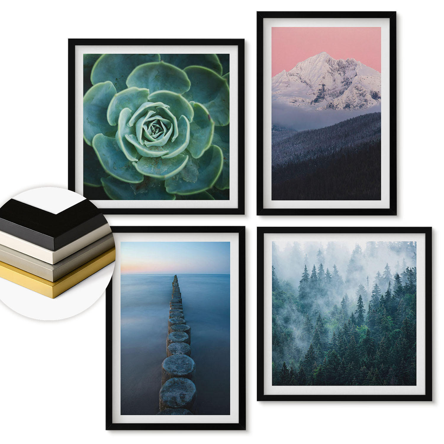 WANDBILDER 4er-Set - 50x50 cm & 40x60 cm Schwarzer Rahmen - Berge, rosa Himmel, Wasser, Sukkulente - Schwarz, Kunststoff (50/50cm) - ArtPrintCave
