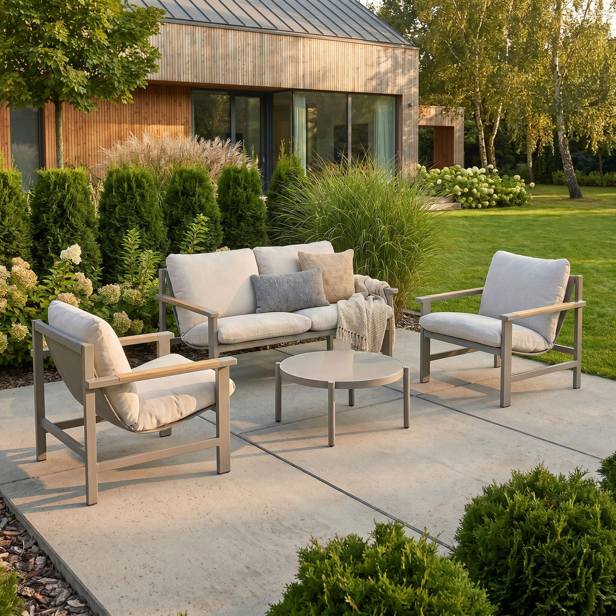 GARTENSET Aspen aus Metall, 2 Sessel + 2-Sitzer Sofa + Couchtisch, Grau - Grau, Metall - Beautysofa