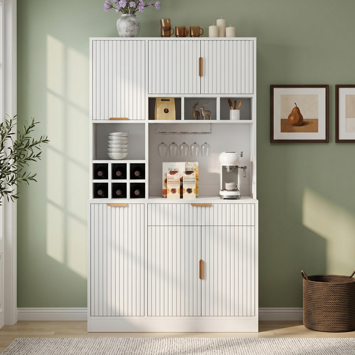 BUFFETSCHRANK Hochschrank Steckdose USB Weinablage Weiß - Weiß, Holzwerkstoff (100/175/40cm) - FLIEKS