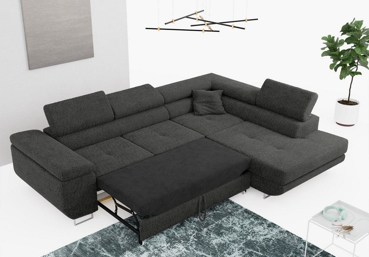 ROHOVÁ SEDAČKA GUSTAW L - Tmavě šedá Bouclé - Levá Strana - stříbrná/světle šedá, kov/textil (275/205cm) - MKS