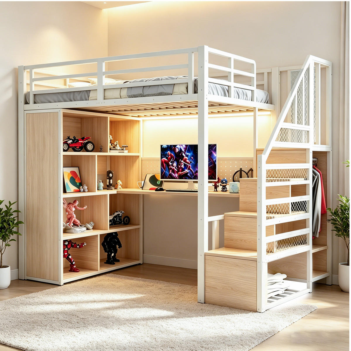 HOCHBETT 90x200cm Metall Schreibtisch Kleiderschrank LED Weiß - Weiß, Metall (90/200cm) - FLIEKS