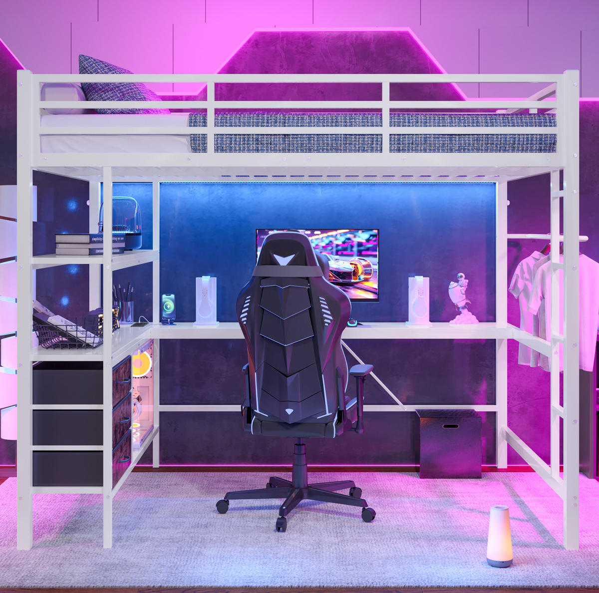 HOCHBETT mit Schreibtisch 140/200 cm in Weiß – mit Treppe, Stauraum und LED - Weiß, Metall (140/200cm) - BEAOK