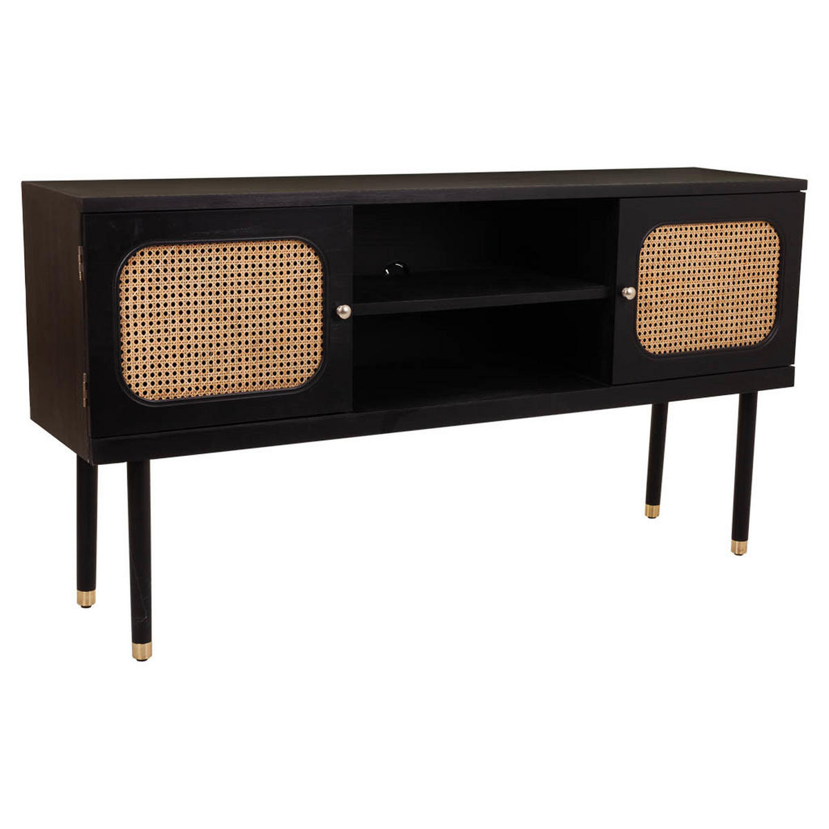 SIDEBOARD aus Holz und Bambusgitter mit zwei Türen, schwarz, 153x38x81 cm - Schwarz, Holz (152.5/81/38cm) - Wanderlust