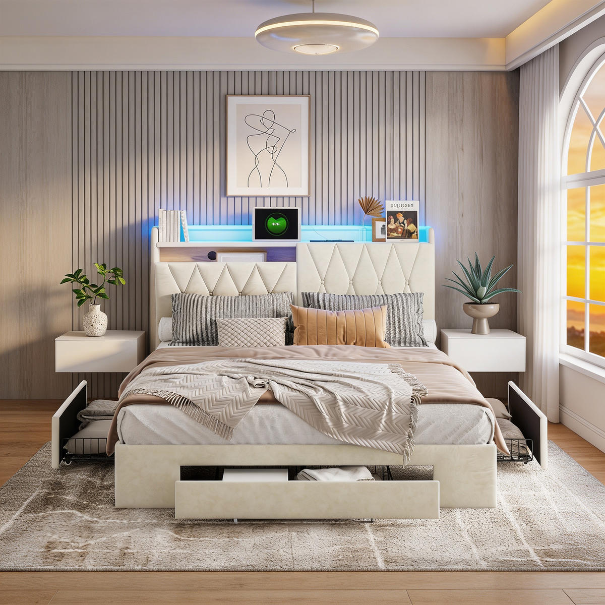 POLSTERBETT 140x200 cm mit 3 Schubladen, bett 140x200 mit USB und LED, Stauraum, Lattenrost, Samt, Beige - Beige, Holz/Textil (140/200cm) - GENKI LIVING