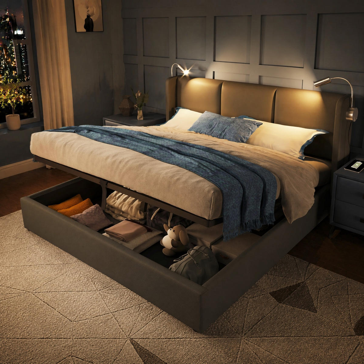 POLSTERBETT 140/200 mit Bettkasten, Leselicht und USB in Grau - Grau, Holzwerkstoff/Textil (140/200cm) - EVRYAE