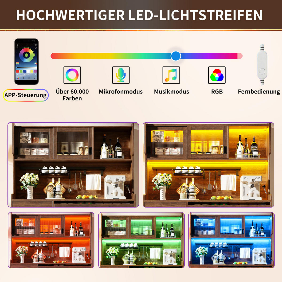 BUFFETSCHRANK 145/39/171 cm braun aus MDF mit LED-Lichtleiste - Braun, Holzwerkstoff (145/171/39cm) - OKWISH