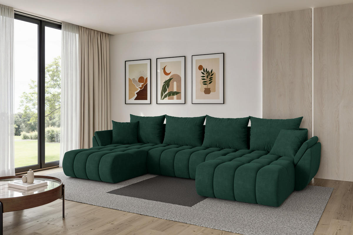 SEDACÍ SOUPRAVA DO U s funkcí spaní a úložným prostorem TOKO-U-v1 378x194x86 zelená velur - černá/zelená barva, kompozitní dřevo/textil (378/86/194cm) - ALTDECOR