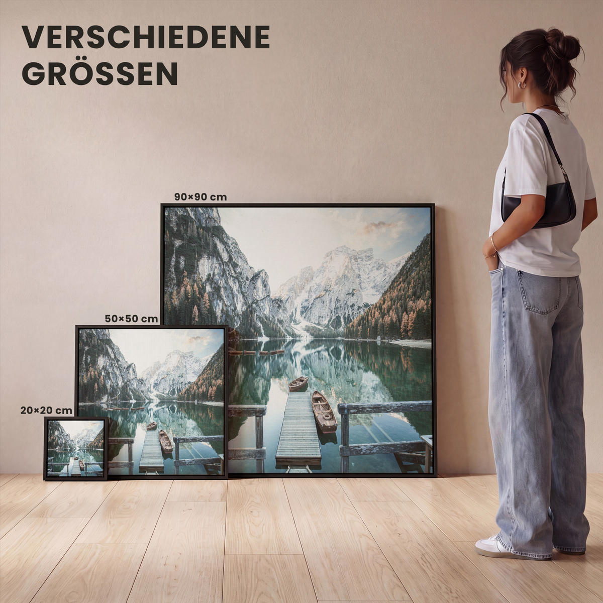 LEINWAND Bilder mit Rahmen - Natur - Berge - Schnee - Wald - Boot - 20x20 - Hellgrün, Textil (20/20cm) - MuchoWow