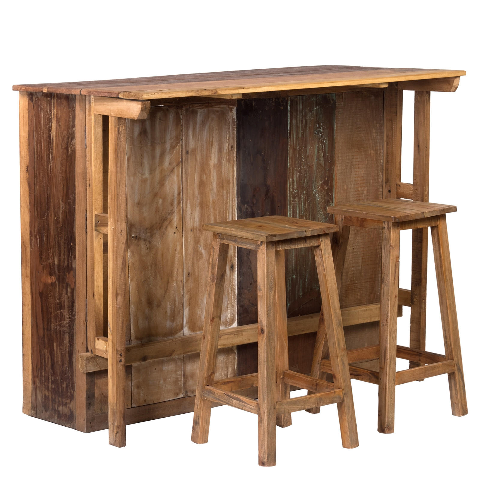 BARSCHRANK-SET Aruba 3-tlg. Massivholz, mit 2 Barhockern, 12er Flaschenregal und Gläserschienen naturfarben - Naturfarben, Holz (140/110/69cm) - DESIGN DELIGHTS