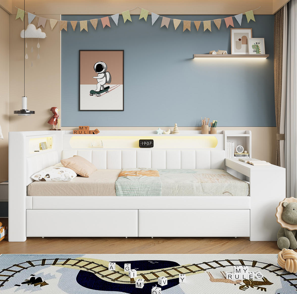 POLSTERBETT 90/200 cm aus MDF und Sperrholz mit Leinenbezug sowie LED USB Schreibtisch und 2 Schubladen Weiß - Weiß, Holzwerkstoff (90/200cm) - Modenvie