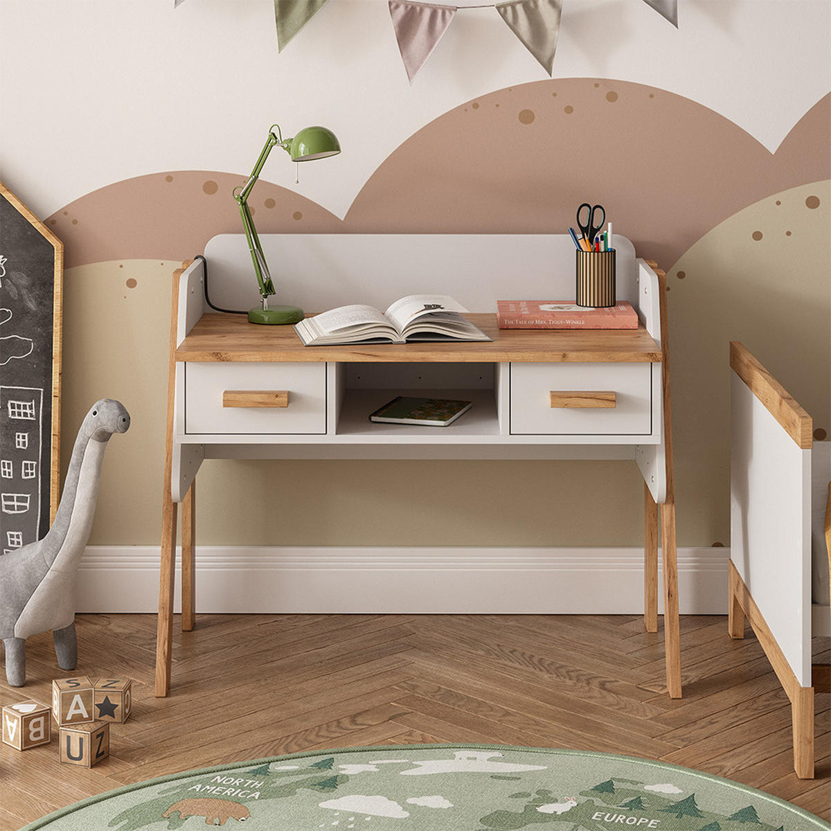 SCHREIBTISCH Malia Weiß/Artisan 97 x 51 cm mit 2 Schubladen - Hellgrau/Weiß, Holzwerkstoff (51/97/80cm) - VitaliSpa