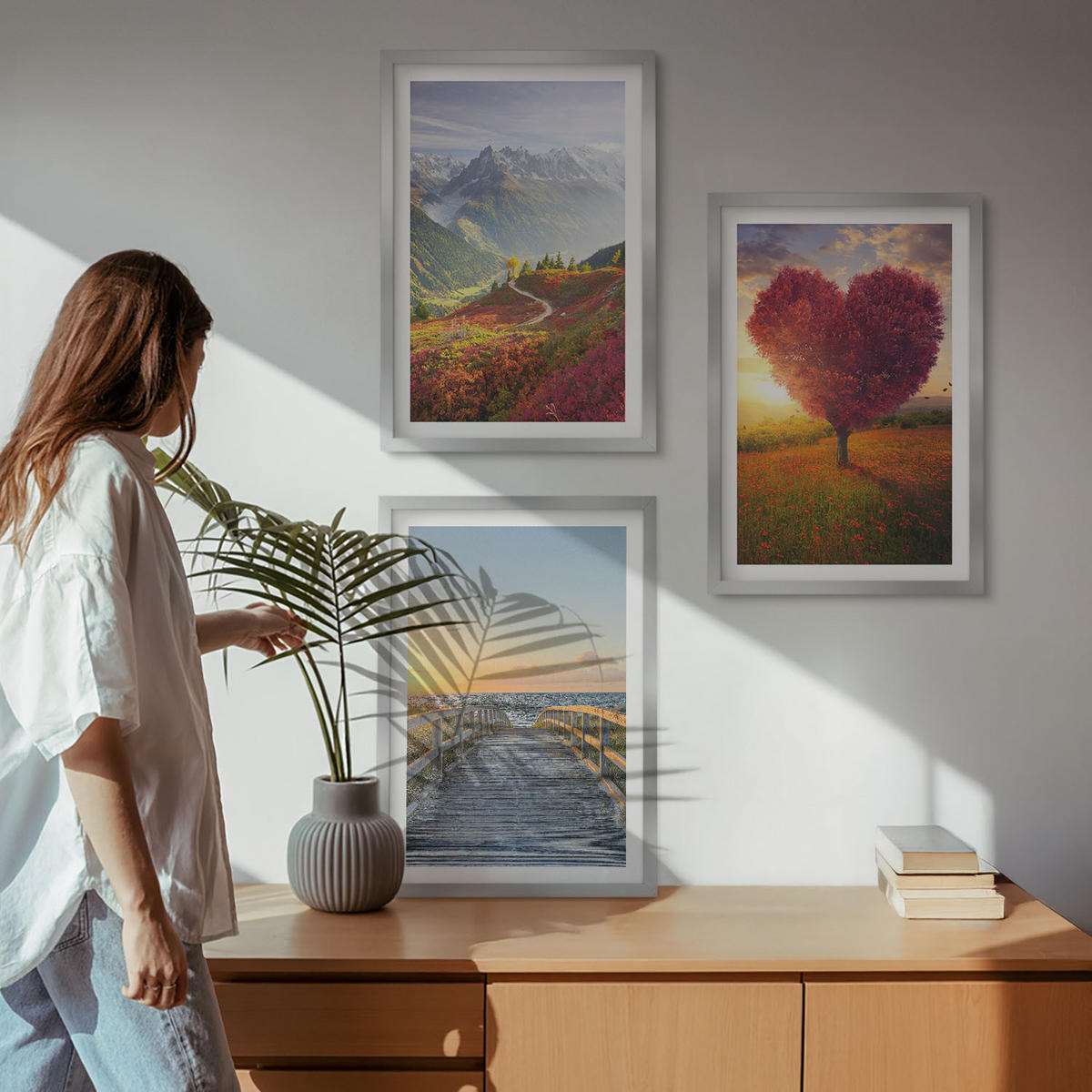 WANDBILDER 3er Set - 40x60 cm Silberner Rahmen - Landschaften Berge Baum Herz Pier - Silberfarben, Kunststoff (40/60cm) - ArtPrintCave