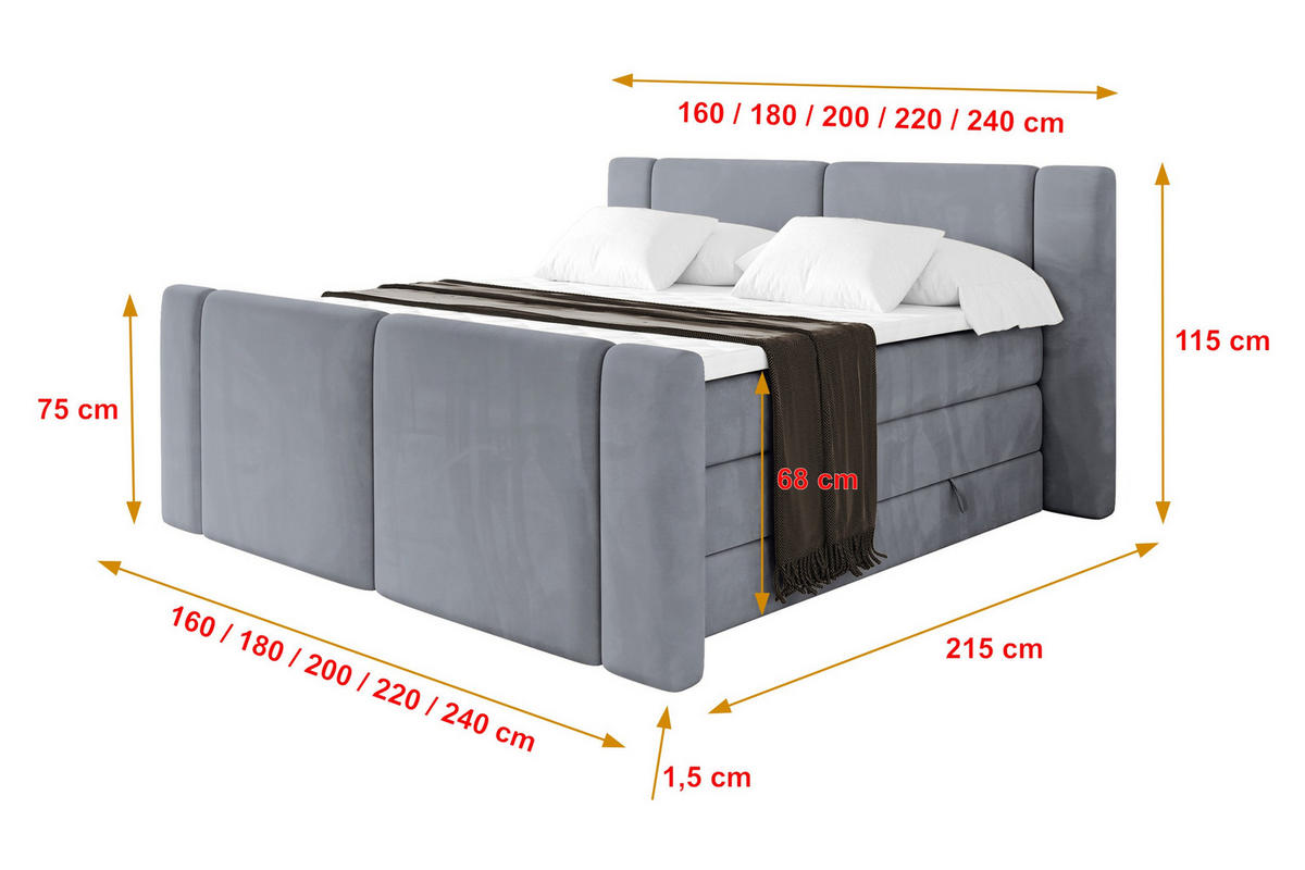 BOXSPRINGBETT mit Matratze H3/H4 - EVON KING Zanozek - 160x200 cm Grau - Grau, Holzwerkstoff (160/200cm) - ALTDECOR