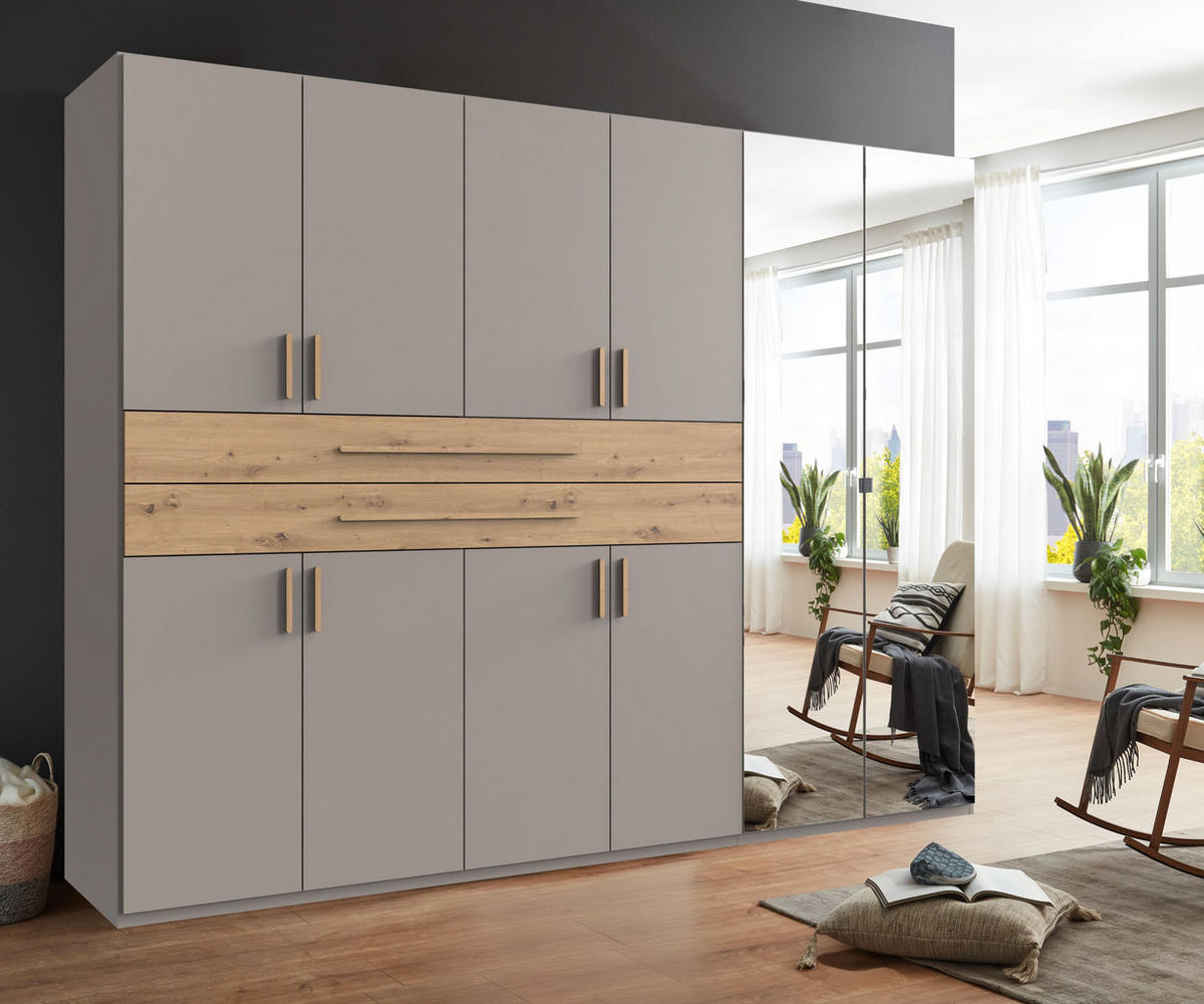 SKŘÍŇ S OTOČNÝMI DVEŘMI B270/H208/T58 cm, pískově šedá, šatní skříň se 2 zrcadlovými dveřmi, 2 zásuvkami a úchytkami v dekoru dub Artisan / 22647 - písková barva/dub artisan, kompozitní dřevo/plast (270/208/58cm) - luma-home