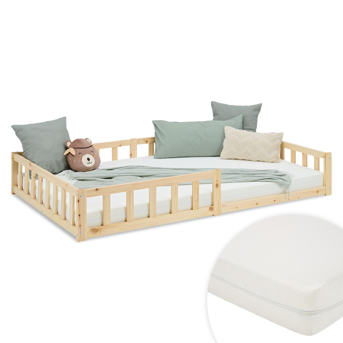BODENBETT 120x200 cm Natur mit Lattenrost + Matratze - Naturfarben, Holz (120/200cm) - Homestyle4u